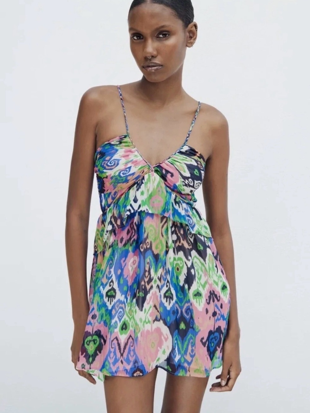 ZARA Ikat Print metallic, colorful Spaghetti Strap Mini Dress Sz M
